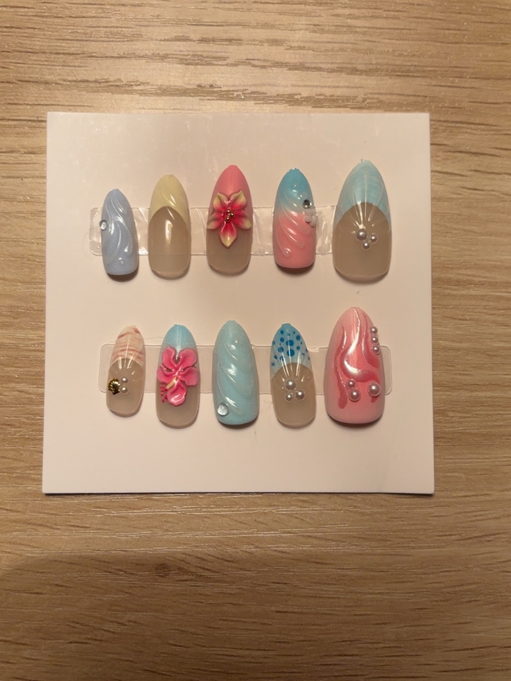 Pastel Floral & Ocean Handcrafted Press-On Nail Set